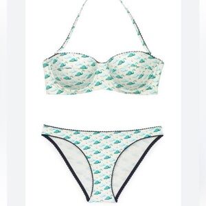 Tory Burch White and Teal Flamingo Print Bikini Set